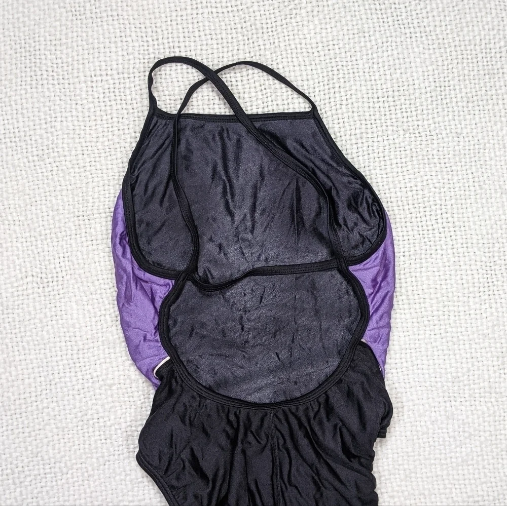 Speedo Rapid Splice Black and Purple Athletic Open Back‎ One Piece *See Measure